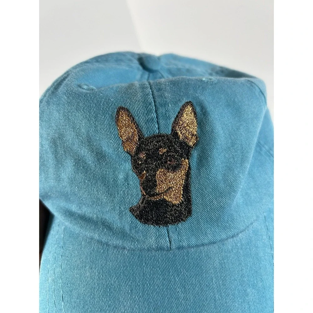 Miniature Pincher Embroidered Cap Cotton Adam Pigment Dyed Turquoise Pet Lover